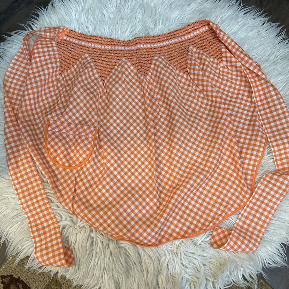 Vintage Gingham Apron Embroidery Orange White Pocket Tie Waist Cottage Core